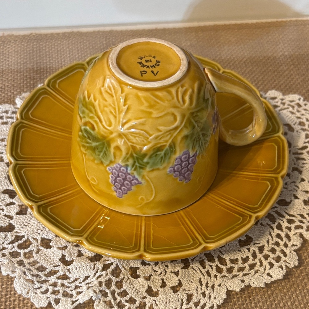 Majolica of France Portieux Vallerysthal (PV) cup and saucer set.